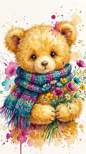 Watercolor Teddy Bear Holding Wildflowers