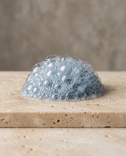 Dusty Blue Soap Foam on Travertine Stone