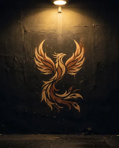 Illuminated Phoenix Stencil Mural on Dark Wall