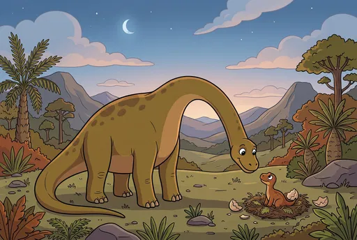 Cartoon Dinosaur and Baby at Twilight