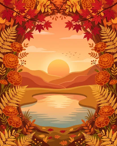 Autumn Archway Sunset Landscape Illustration