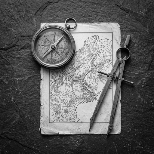 Monochrome Flat Lay of Compass and Map