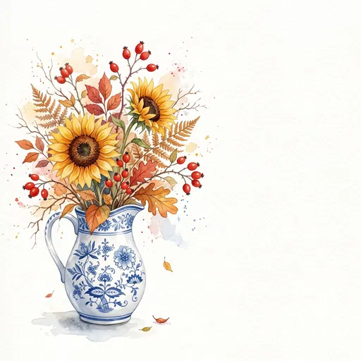 Watercolor Autumn Sunflowers in Blue Pitcher