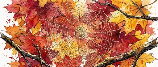 Watercolor Spider Web Over Autumn Leaves
