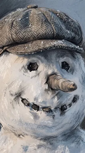 Pastel Drawing of Snowman in Tweed Cap