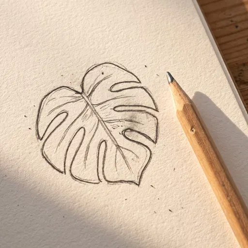 Graphite Monstera Leaf Sketch With Wooden Pencil