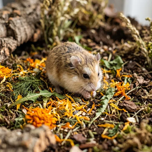 Roborovski Dwarf Hamster Foraging Among Herbs