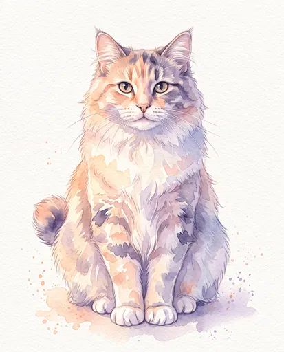 Pastel Watercolor Illustration of Calico Bobtail Cat