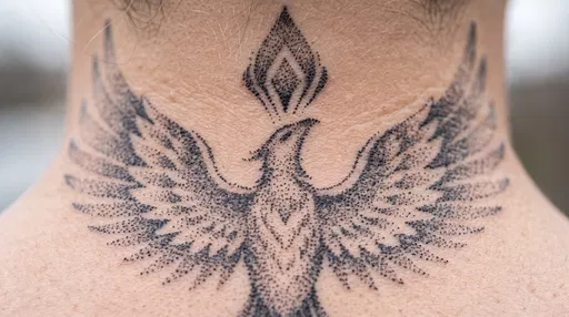 Macro Phoenix Stipple Neck Tattoo