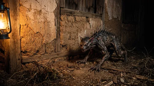 Chupacabra Creature Outside Adobe Barn at Night