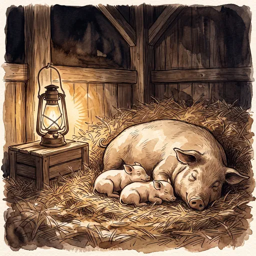 Sow and Piglets Sleeping by Lantern