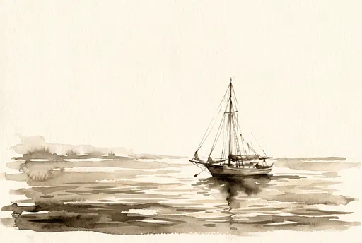 Sepia Watercolor Sailboat on Calm Water