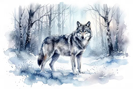Watercolor Gray Wolf in Snowy Forest