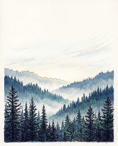 Misty Blue Pine Forest Colored Pencil Drawing