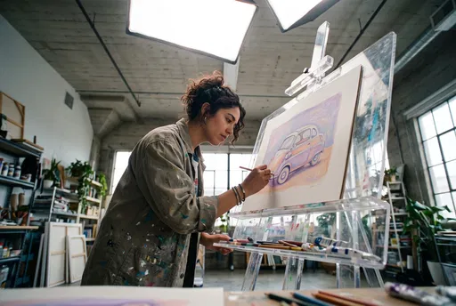 Artist Drawing Vintage Car on Acrylic Easel