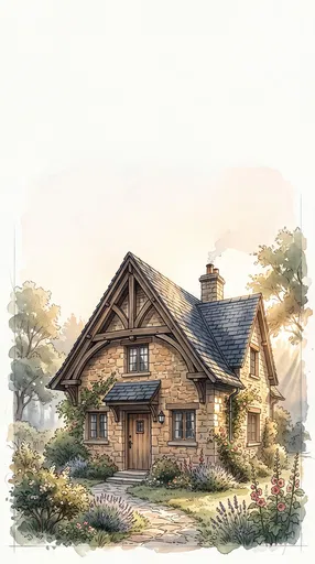 Watercolor Illustration of Stone Country Cottage