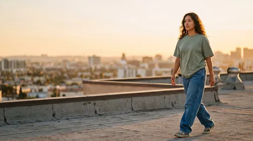 Young Woman Walking on Urban Rooftop