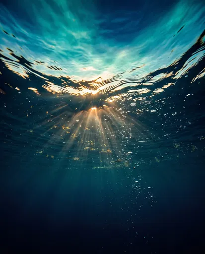 Underwater Sunbeams Through Rippling Turquoise Surface