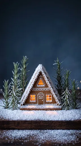 Glowing Gingerbread Cabin with Rosemary Trees