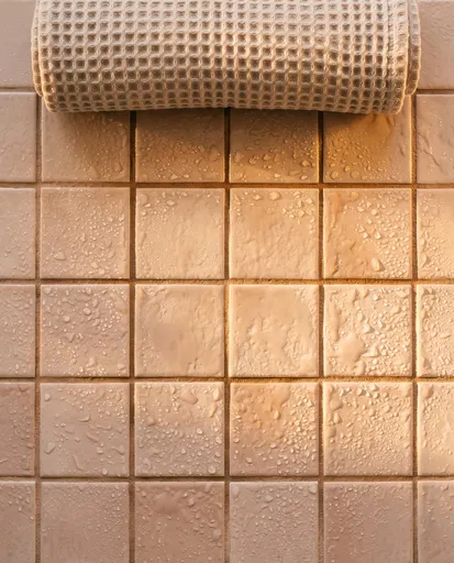 Rolled Waffle Towel on Wet Tiles
