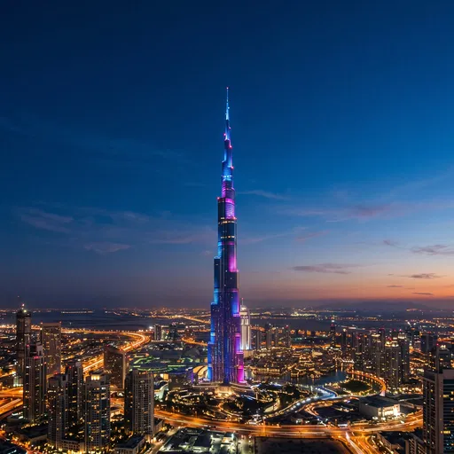 Illuminated Skyscraper Against Blue Hour Sky