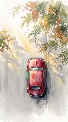Top-Down Watercolor of Vintage Red Car