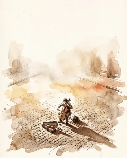 Watercolor Illustration of Street Cellist on Cobblestones