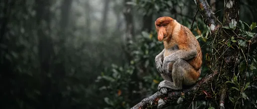 Proboscis Monkey on Wet Rainforest Branch