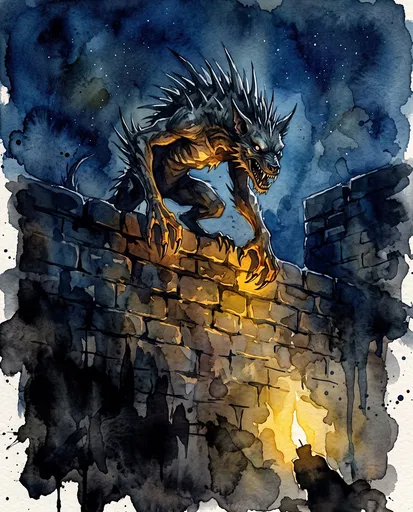 Watercolor Chupacabra Monster on Stone Wall