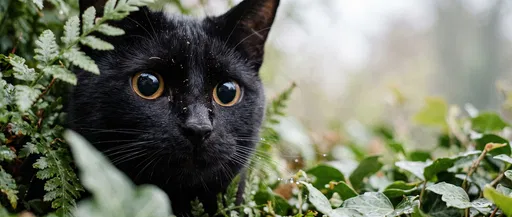 Black Cat Peeking Through Green Foliage