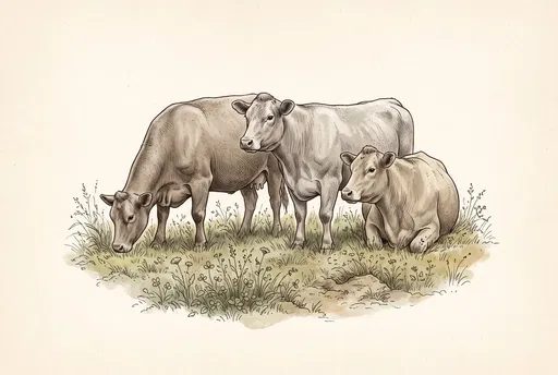 Vintage Illustration of Grazing Murray Grey Cattle