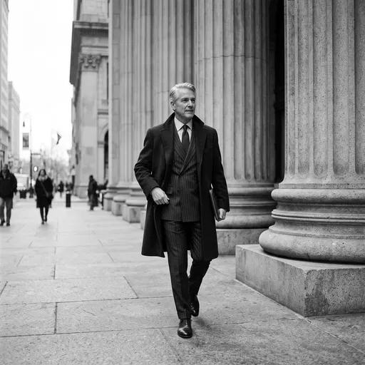 Mature Executive Walking Past Stone Columns