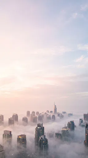 Misty Financial District Skyline at Dawn