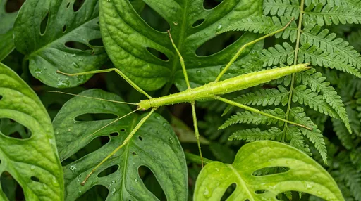 Green Stick Bug on Tropical Leaves