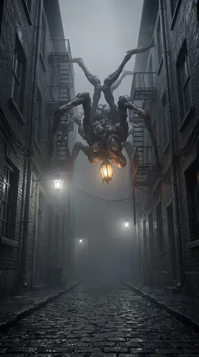 Giant Spider Monster in Foggy Alley
