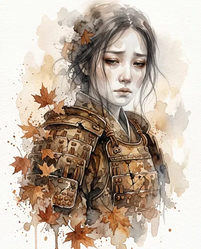 Watercolor Portrait of Sorrowful Female Samurai