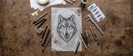 Wolf Tattoo Sketch on Wooden Desk