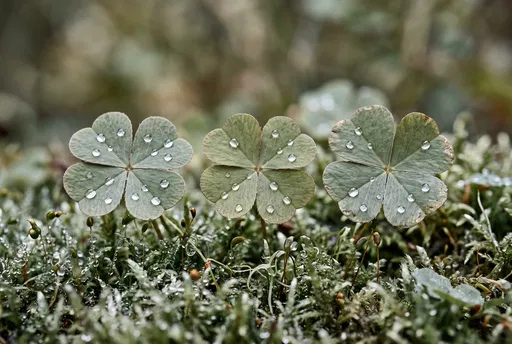 Three Four-Leaf Clovers With Dewdrops in Moss