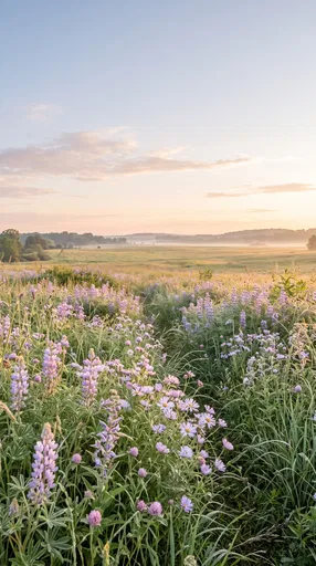 Misty Morning Wildflower Meadow At Sunrise