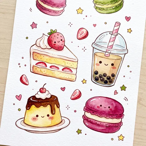 Kawaii Watercolor Desserts Illustration on Paper