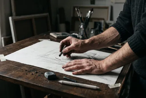 Artist Hands Drawing With Charcoal in Studio