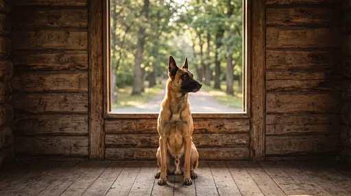 Belgian Malinois Sitting in Rustic Cabin