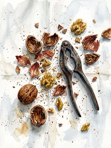 Watercolor Cracked Walnuts and Iron Nutcracker