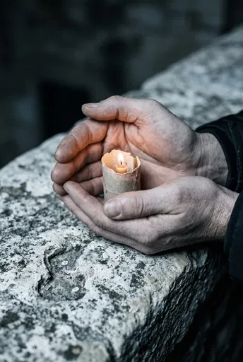 Cupped Hands Shielding Small Lit Candle