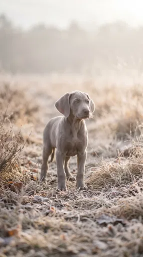 Weimaraner Puppy in Frosty Morning Meadow