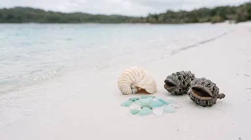 Shell and Sea Glass on White Sand