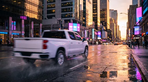White Pickup Truck Driving Through Wet City
