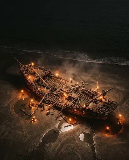 Aerial View of Illuminated Shipwreck at Night