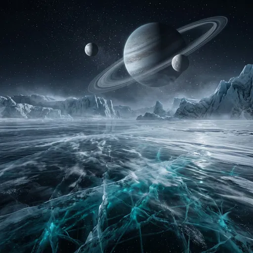 Frozen Alien World with Ringed Planet