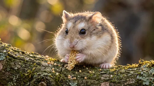 Dwarf Hamster Eating Seeds on Branch